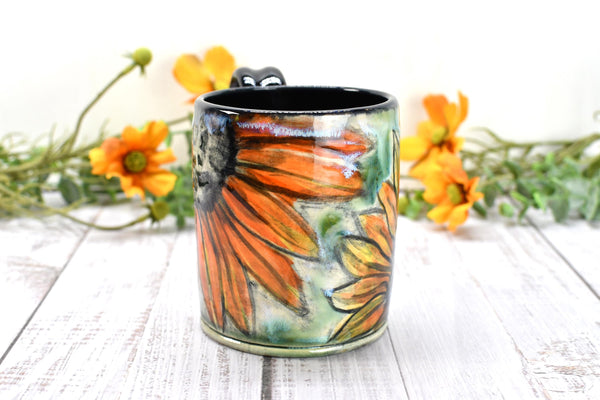 Sunflowers Ceramic Coffee Mug, Handmade Pottery Stoneware Cup in Orange, Black, Green & Yellow with Hand Painted Flowers, Gift for Her