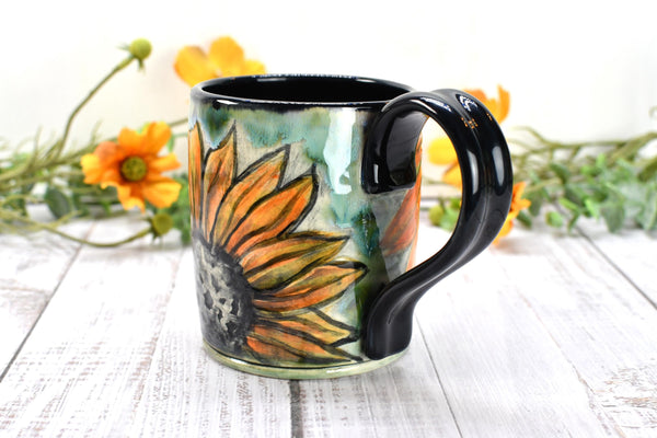 Sunflowers Ceramic Coffee Mug, Handmade Pottery Stoneware Cup in Orange, Black, Green & Yellow with Hand Painted Flowers, Gift for Her
