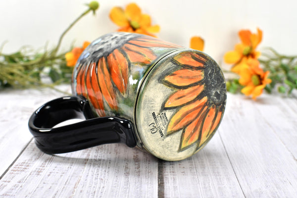 Sunflowers Ceramic Coffee Mug, Handmade Pottery Stoneware Cup in Orange, Black, Green & Yellow with Hand Painted Flowers, Gift for Her