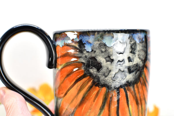 Sunflowers Ceramic Coffee Mug, Handmade Pottery Stoneware Cup in Orange, Black, Green & Yellow with Hand Painted Flowers, Gift for Her