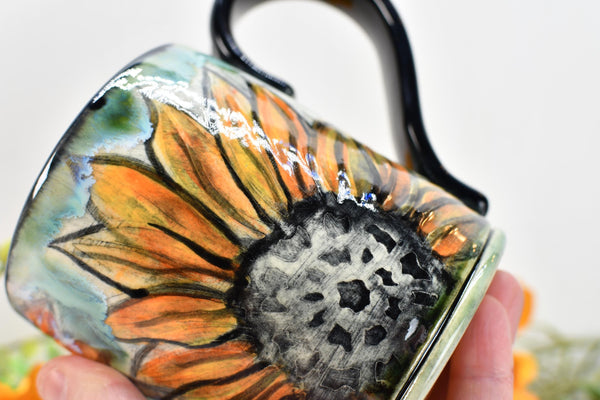 Sunflowers Ceramic Coffee Mug, Handmade Pottery Stoneware Cup in Orange, Black, Green & Yellow with Hand Painted Flowers, Gift for Her