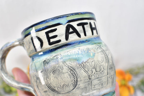 Sugar Skull Coffee Mug, Death & Rebirth Handleless Stoneware Pottery Ceramic Cup, Handmade Gift, Day of the Dead