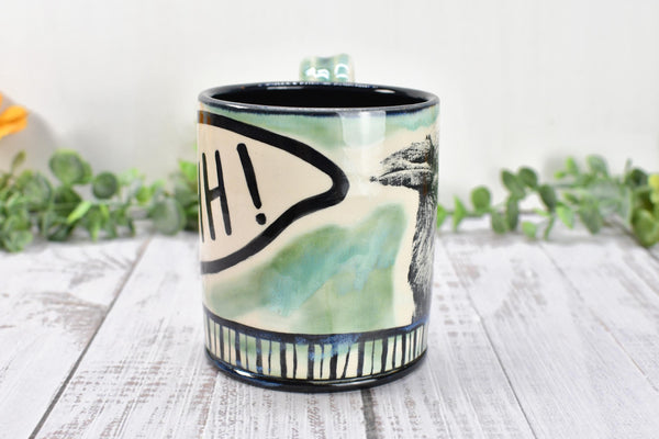 No Talkie Before Coffee Raven Bird Handmade Pottery Mug, Funny Ceramic Cup Gift, Hand Painted Stoneware, Microwave Safe, Ready to Ship