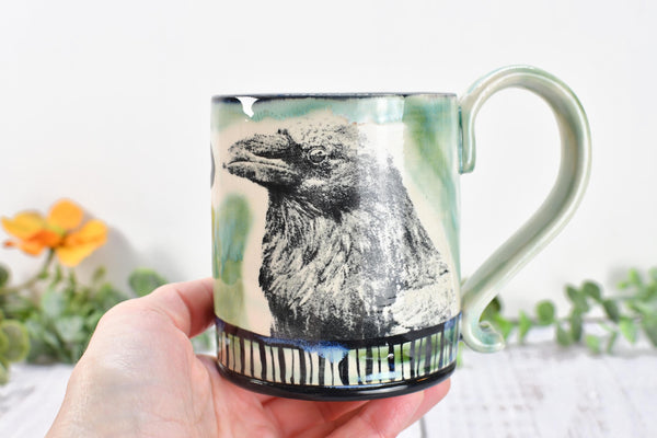 No Talkie Before Coffee Raven Bird Handmade Pottery Mug, Funny Ceramic Cup Gift, Hand Painted Stoneware, Microwave Safe, Ready to Ship
