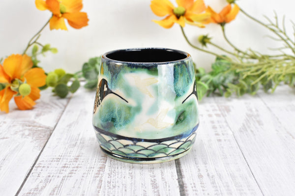 Hummingbird Ceramic Cup, Kitchen or Bath Handmade Stoneware Pottery Gift for Bird Lovers, in Green Black & White