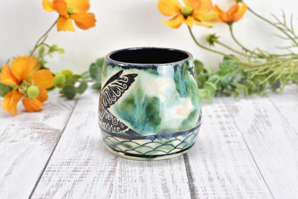 Hummingbird Ceramic Cup, Kitchen or Bath Handmade Stoneware Pottery Gift for Bird Lovers, in Green Black & White