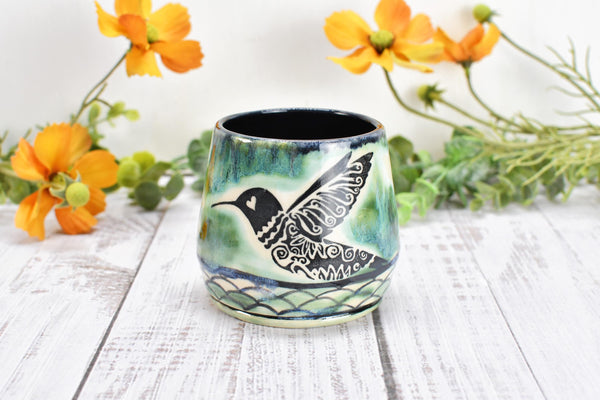 Hummingbird Ceramic Cup, Kitchen or Bath Handmade Stoneware Pottery Gift for Bird Lovers, in Green Black & White