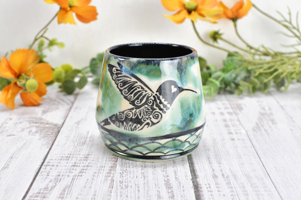 Hummingbird Ceramic Cup, Kitchen or Bath Handmade Stoneware Pottery Gift for Bird Lovers, in Green Black & White