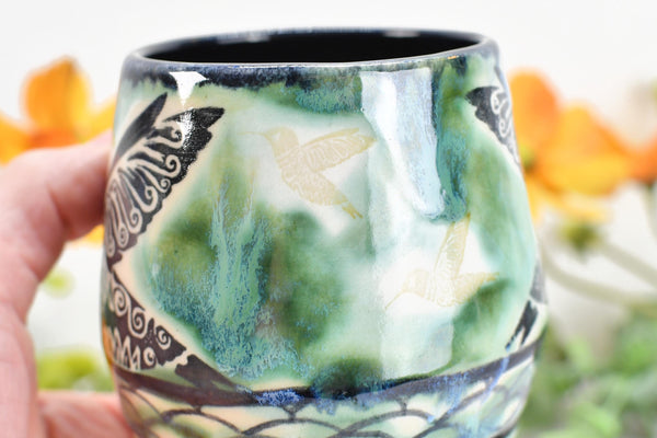 Hummingbird Ceramic Cup, Kitchen or Bath Handmade Stoneware Pottery Gift for Bird Lovers, in Green Black & White