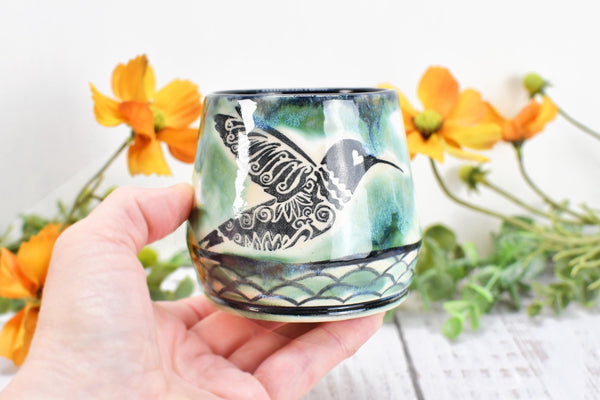Hummingbird Ceramic Cup, Kitchen or Bath Handmade Stoneware Pottery Gift for Bird Lovers, in Green Black & White