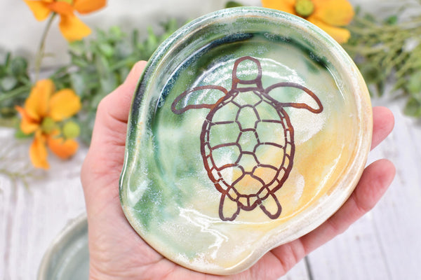 Sea Turtle Ceramic Stove Top Spoon Rest in Blue Gray, Teal, Green, Yellow - Handmade Beachy Ocean Life Decor Stoneware Pottery