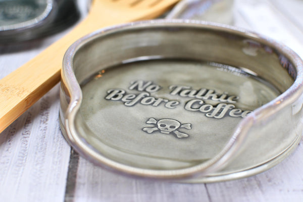No Talkie Before Coffee Large Ceramic Stove Top Spoon Rest, Handmade Stoneware Pottery in Charcoal Gray Tea Bag Rest with Skull & Crossbones