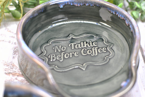 No Talkie Before Coffee Large Ceramic Stove Top Spoon Rest, Handmade Stoneware Pottery in Charcoal Gray Tea Bag Rest with Skull & Crossbones