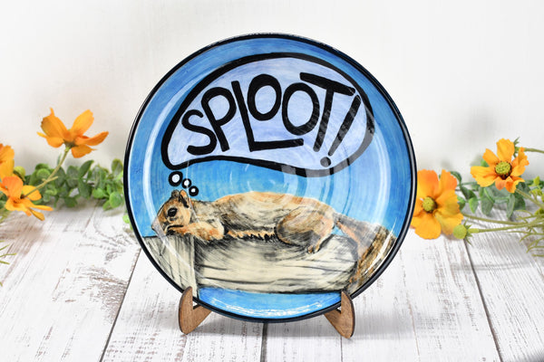 Squirrel Hand Painted Ceramic Plate, Sploot! Handmade Stoneware, Funny Summer Backyard Wildlife Wheel Thrown Pottery Gift