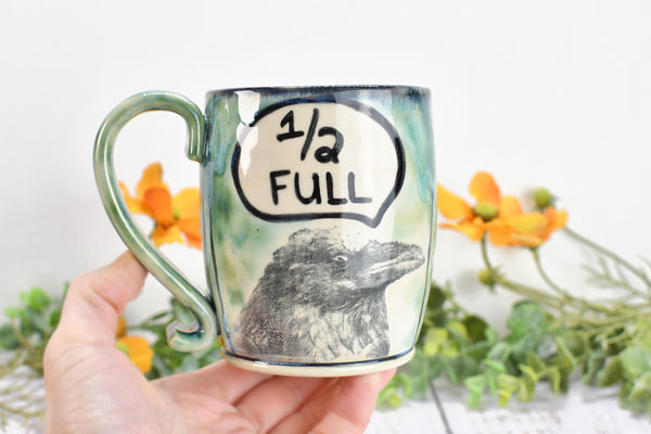 Optimist Pessimist Raven Bird Mug, Handmade Pottery Coffee Cup, Funny Ceramic Stoneware Gift, Microwave Safe, Glass is Half Full Half Empty