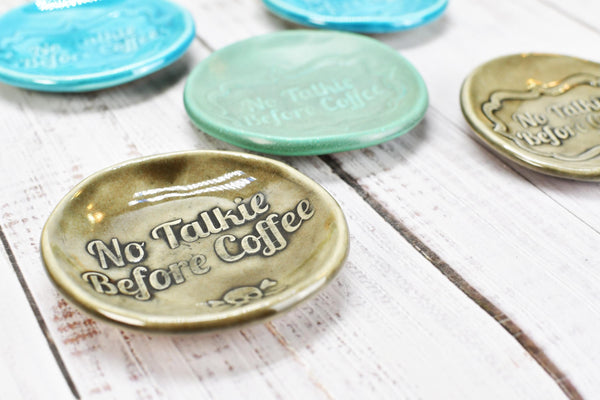 No Talkie Before Coffee Ceramic Small Spoon Rest, Handmade Stoneware Pottery Jewelry Trinket Dish, Gray, Teal, Turquoise Patina Green Skull