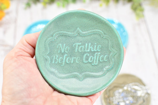 No Talkie Before Coffee Ceramic Small Spoon Rest, Handmade Stoneware Pottery Jewelry Trinket Dish, Gray, Teal, Turquoise Patina Green Skull