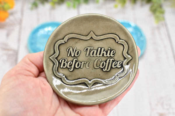 No Talkie Before Coffee Ceramic Small Spoon Rest, Handmade Stoneware Pottery Jewelry Trinket Dish, Gray, Teal, Turquoise Patina Green Skull