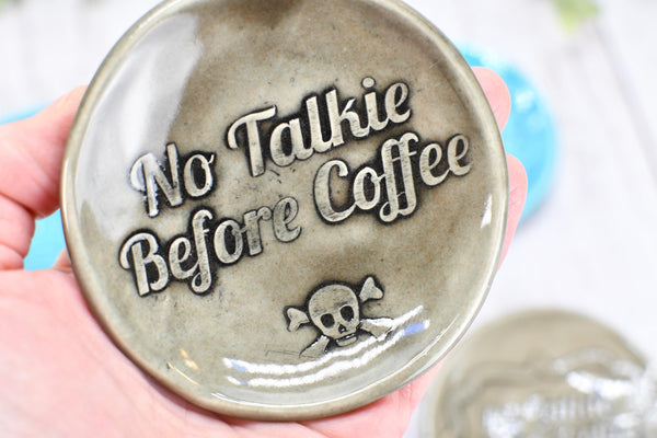No Talkie Before Coffee Ceramic Small Spoon Rest, Handmade Stoneware Pottery Jewelry Trinket Dish, Gray, Teal, Turquoise Patina Green Skull