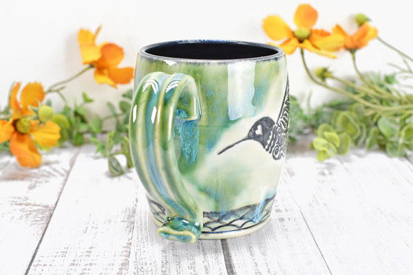 Hummingbird Ceramic Coffee Cup, Handmade Stoneware Pottery Gift for Bird Lovers, Hand Painted in Drippy Green, Black & White