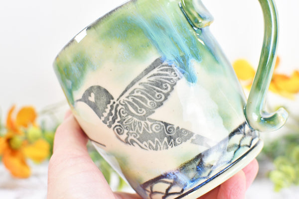 Hummingbird Ceramic Coffee Cup, Handmade Stoneware Pottery Gift for Bird Lovers, Hand Painted in Drippy Green, Black & White