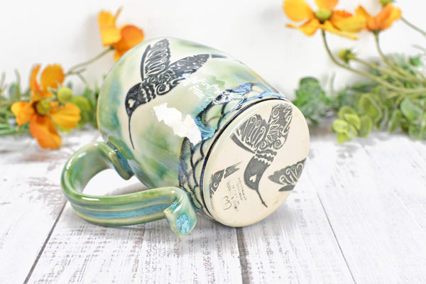 Hummingbird Ceramic Coffee Cup, Handmade Stoneware Pottery Gift for Bird Lovers, Hand Painted in Drippy Green, Black & White