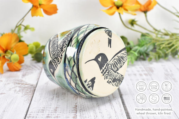 Hummingbird Ceramic Cup, Kitchen or Bath Handmade Stoneware Pottery Gift for Bird Lovers, in Green Black & White
