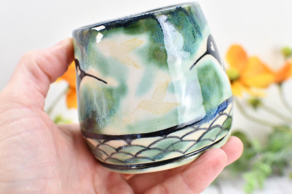 Hummingbird Ceramic Cup, Kitchen or Bath Handmade Stoneware Pottery Gift for Bird Lovers, in Green Black & White