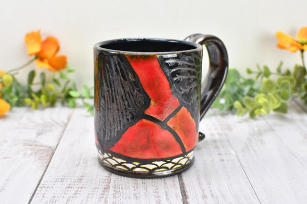 Raven Bird Handmade Pottery Mug Nature Lover Gift, Ceramic Coffee Cup, Stoneware Hand Painted in Red & Black Gothic Decor, Ready to Ship