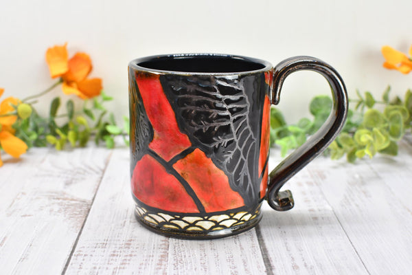 Raven Bird Handmade Pottery Mug Nature Lover Gift, Ceramic Coffee Cup, Stoneware Hand Painted in Red & Black Gothic Decor, Ready to Ship