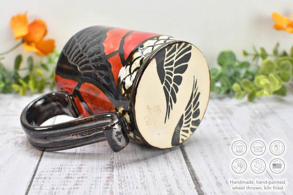 Raven Bird Handmade Pottery Mug Nature Lover Gift, Ceramic Coffee Cup, Stoneware Hand Painted in Red & Black Gothic Decor, Ready to Ship