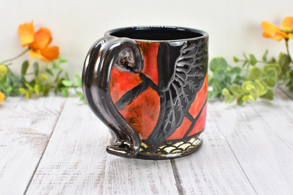 Raven Bird Handmade Pottery Mug Nature Lover Gift, Ceramic Coffee Cup, Stoneware Hand Painted in Red & Black Gothic Decor, Ready to Ship