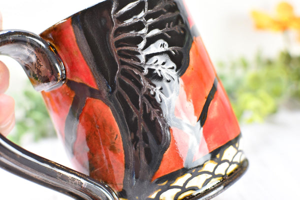 Raven Bird Handmade Pottery Mug Nature Lover Gift, Ceramic Coffee Cup, Stoneware Hand Painted in Red & Black Gothic Decor, Ready to Ship