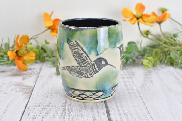Hummingbird Ceramic Coffee Cup, Handmade Stoneware Pottery Gift for Bird Lovers, Hand Painted in Drippy Green, Black & White