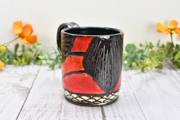 Raven Bird Handmade Pottery Mug Nature Lover Gift, Ceramic Coffee Cup, Stoneware Hand Painted in Red & Black Gothic Decor, Ready to Ship