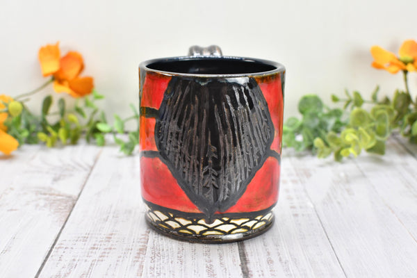 Raven Bird Handmade Pottery Mug Nature Lover Gift, Ceramic Coffee Cup, Stoneware Hand Painted in Red & Black Gothic Decor, Ready to Ship