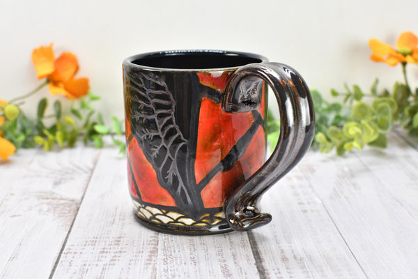 Raven Bird Handmade Pottery Mug Nature Lover Gift, Ceramic Coffee Cup, Stoneware Hand Painted in Red & Black Gothic Decor, Ready to Ship