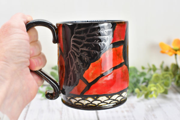 Raven Bird Handmade Pottery Mug Nature Lover Gift, Ceramic Coffee Cup, Stoneware Hand Painted in Red & Black Gothic Decor, Ready to Ship