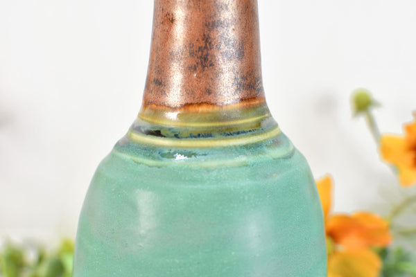 Ceramic Utensil Holder Crock for Kitchen Countertop, Pottery Organizer in Copper & Verdigris Green, Flower Pot or Housewarming Gift
