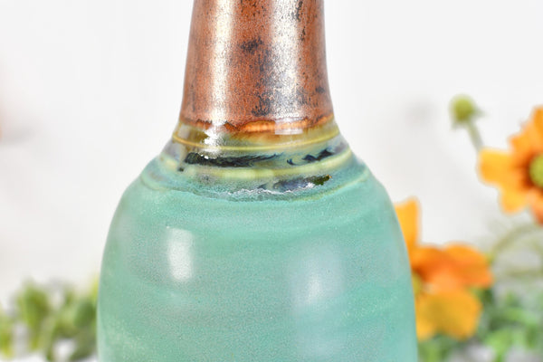 Ceramic Utensil Holder Crock for Kitchen Countertop, Pottery Organizer in Copper & Verdigris Green, Flower Pot or Housewarming Gift