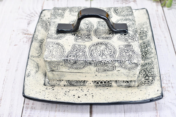 Handmade Ceramic Large Butter Dish with Lid, 2 piece Cover Stoneware Pottery for Countertop & Dining Table, Sugar Skull Black and White Gift