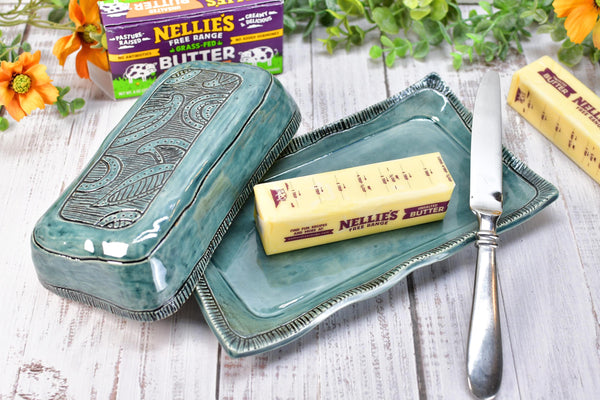 Handmade Ceramic Butter Dish with Lid, 2 piece Cover Stoneware Pottery for Countertop & Dining Table, Paisley Greenish Blue Home Gift