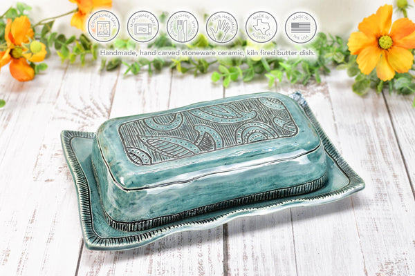 Handmade Ceramic Butter Dish with Lid, 2 piece Cover Stoneware Pottery for Countertop & Dining Table, Paisley Greenish Blue Home Gift