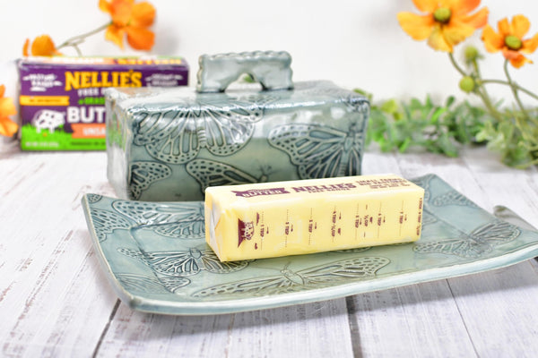 Butterfly Ceramic Butter Dish with Lid, Handmade 2 piece Cover Stoneware Pottery for Countertop & Dining Table, Monarch Gray Blue Home Gift