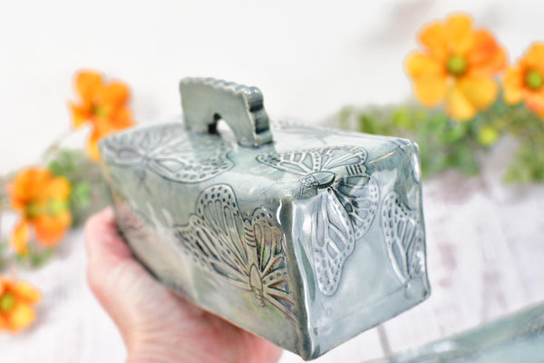 Butterfly Ceramic Butter Dish with Lid, Handmade 2 piece Cover Stoneware Pottery for Countertop & Dining Table, Monarch Gray Blue Home Gift