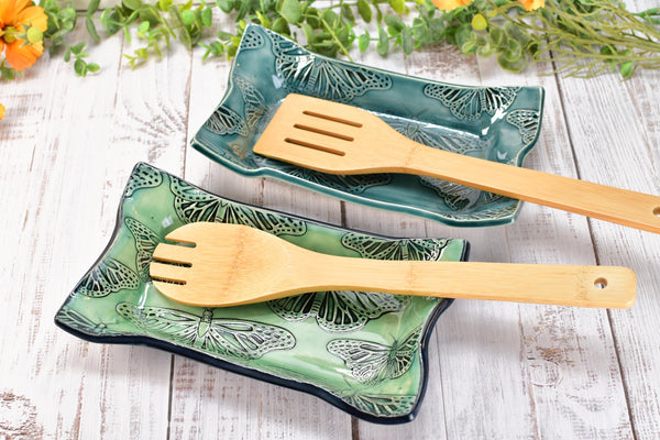 Butterfly Ceramic Dish, Spoon Rest, Handmade Stoneware Pottery for Countertop & Dining, Monarch Green Blue, Cracker Dish, Jewelry Trinket