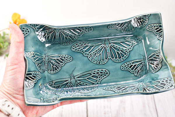 Butterfly Ceramic Dish, Spoon Rest, Handmade Stoneware Pottery for Countertop & Dining, Monarch Green Blue, Cracker Dish, Jewelry Trinket