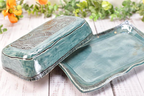 Handmade Ceramic Butter Dish with Lid, 2 piece Cover Stoneware Pottery for Countertop & Dining Table, Paisley Greenish Blue Home Gift