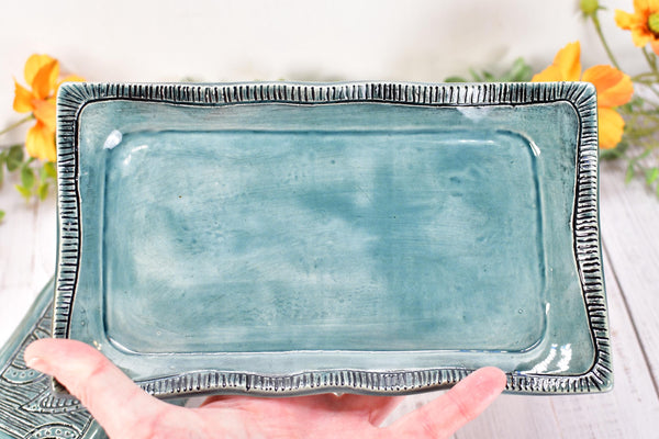 Handmade Ceramic Butter Dish with Lid, 2 piece Cover Stoneware Pottery for Countertop & Dining Table, Paisley Greenish Blue Home Gift