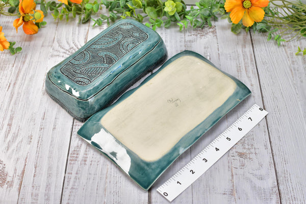 Handmade Ceramic Butter Dish with Lid, 2 piece Cover Stoneware Pottery for Countertop & Dining Table, Paisley Greenish Blue Home Gift